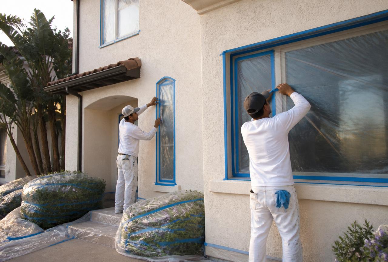 Two painters masking windows and covering plants with plastic sheeting