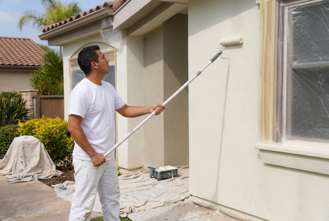 Painter applying the finish coat to a stucco home exterior