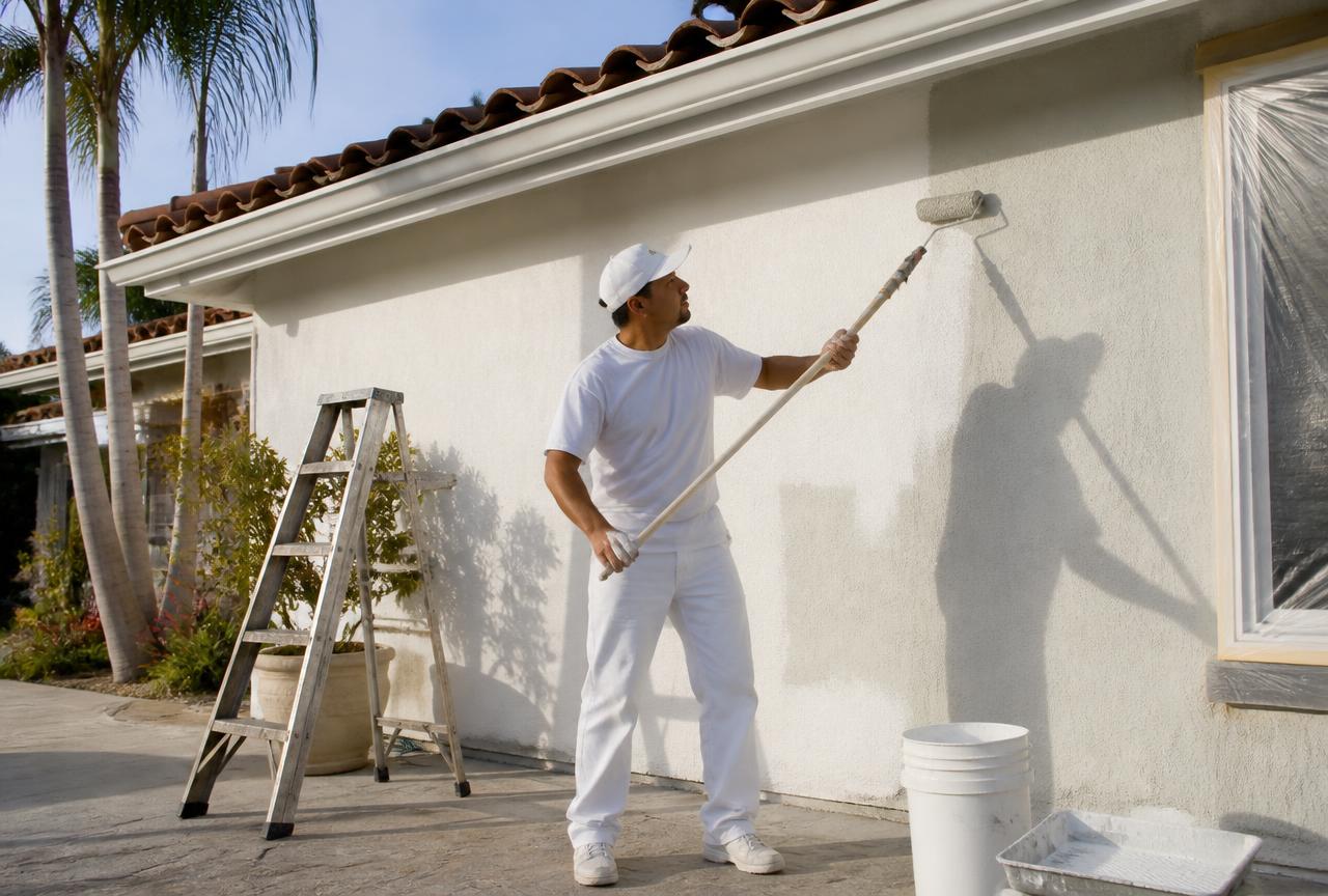 Painter rolling primer onto a prepared stucco wall