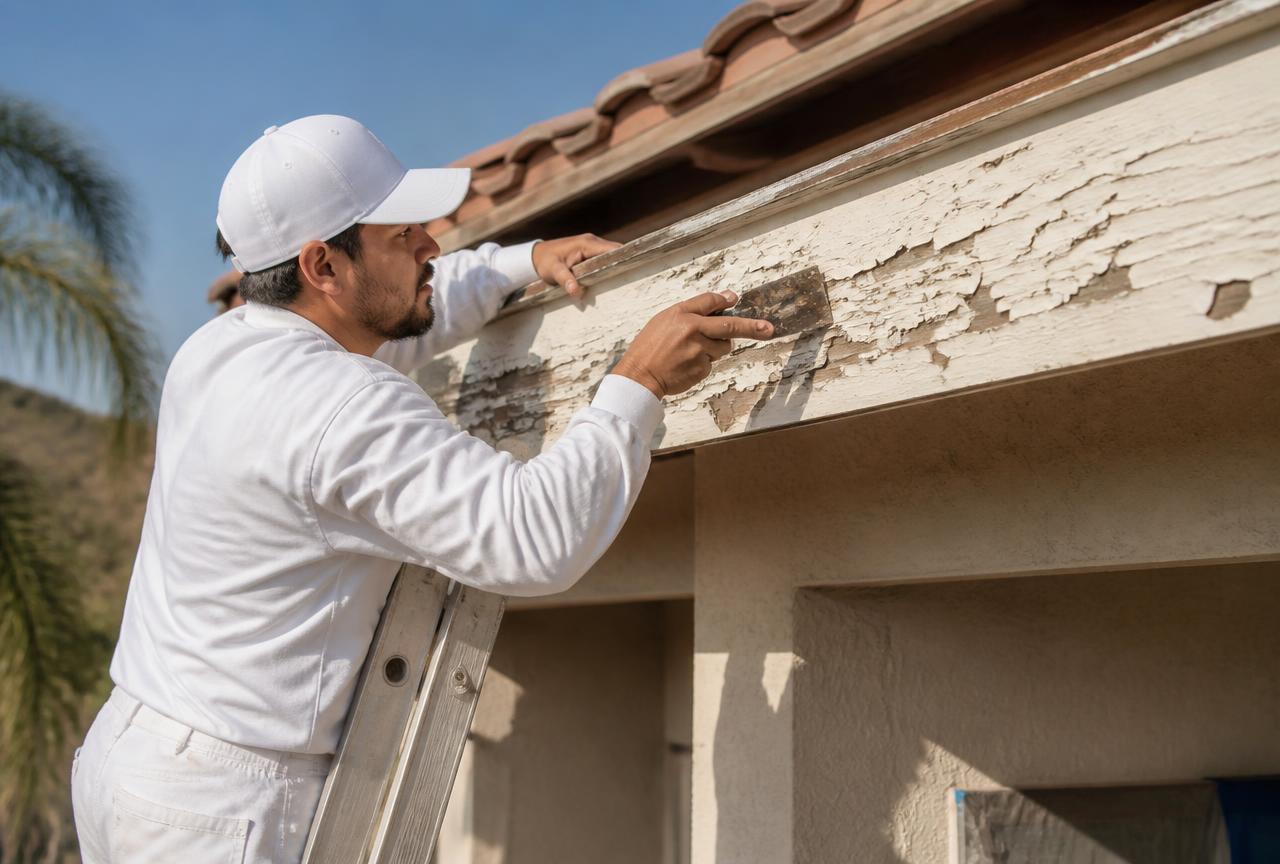Painter scraping peeling paint off exterior wood fascia