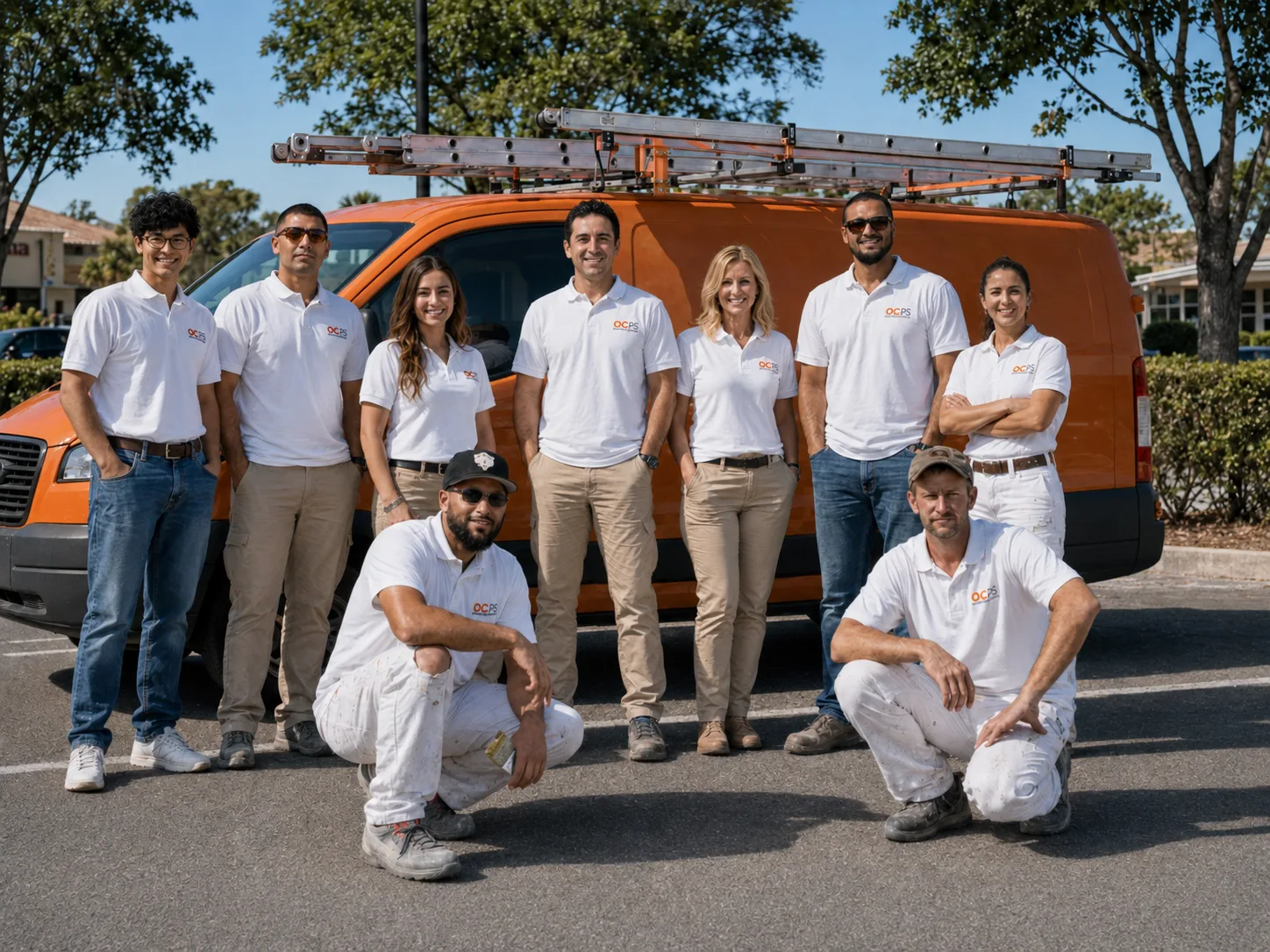 The Orange County Painting Services team gathered beside an orange OCPS service van.