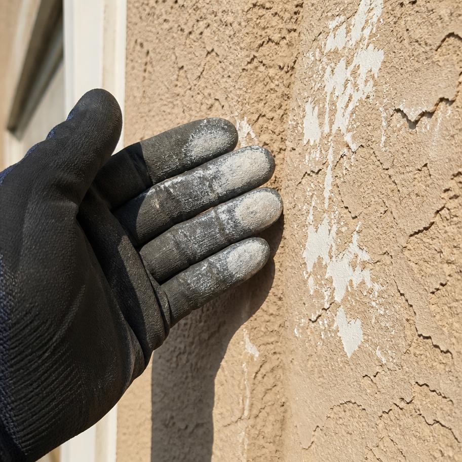 Gloved hand wiping chalky white residue off a stucco wall
