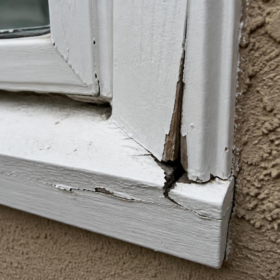 Cracked and split painted wood window trim corner